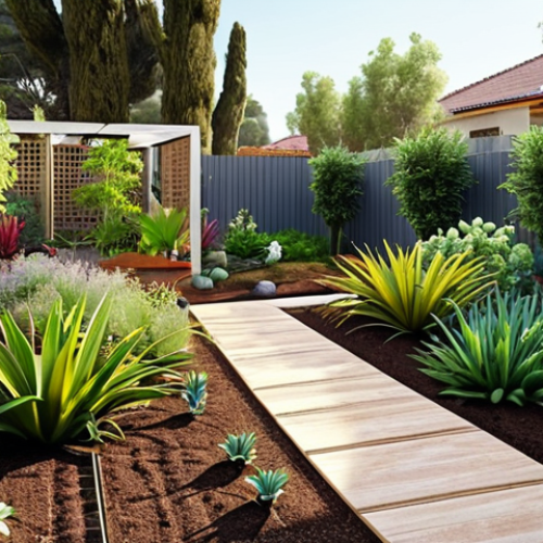 **A Lush, Sustainable Garden Scene:** "A vibrant and diverse garden showcasing local Turkish plant species, thriving with minimal water usage. Depict a scene with a drip irrigation system visible, and mulch covering the soil. Include native insects and birds interacting with the plants, emphasizing biodiversity and ecological harmony. The style should be realistic and inviting, with warm, natural lighting."