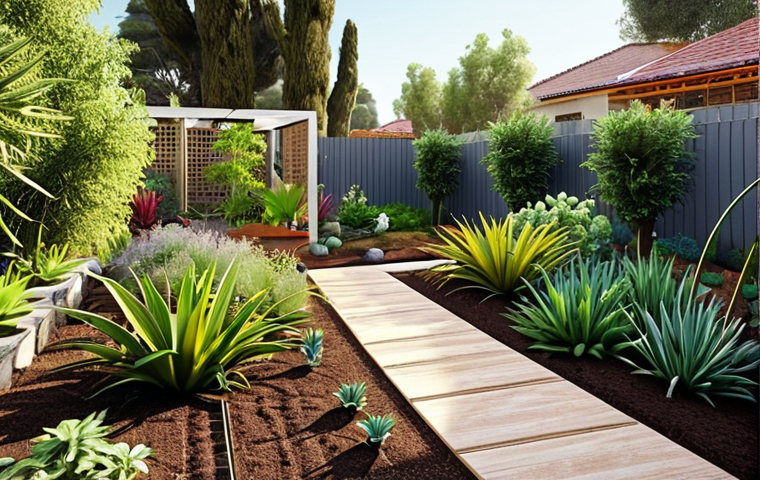 **A Lush, Sustainable Garden Scene:** "A vibrant and diverse garden showcasing local Turkish plant species, thriving with minimal water usage. Depict a scene with a drip irrigation system visible, and mulch covering the soil. Include native insects and birds interacting with the plants, emphasizing biodiversity and ecological harmony. The style should be realistic and inviting, with warm, natural lighting."